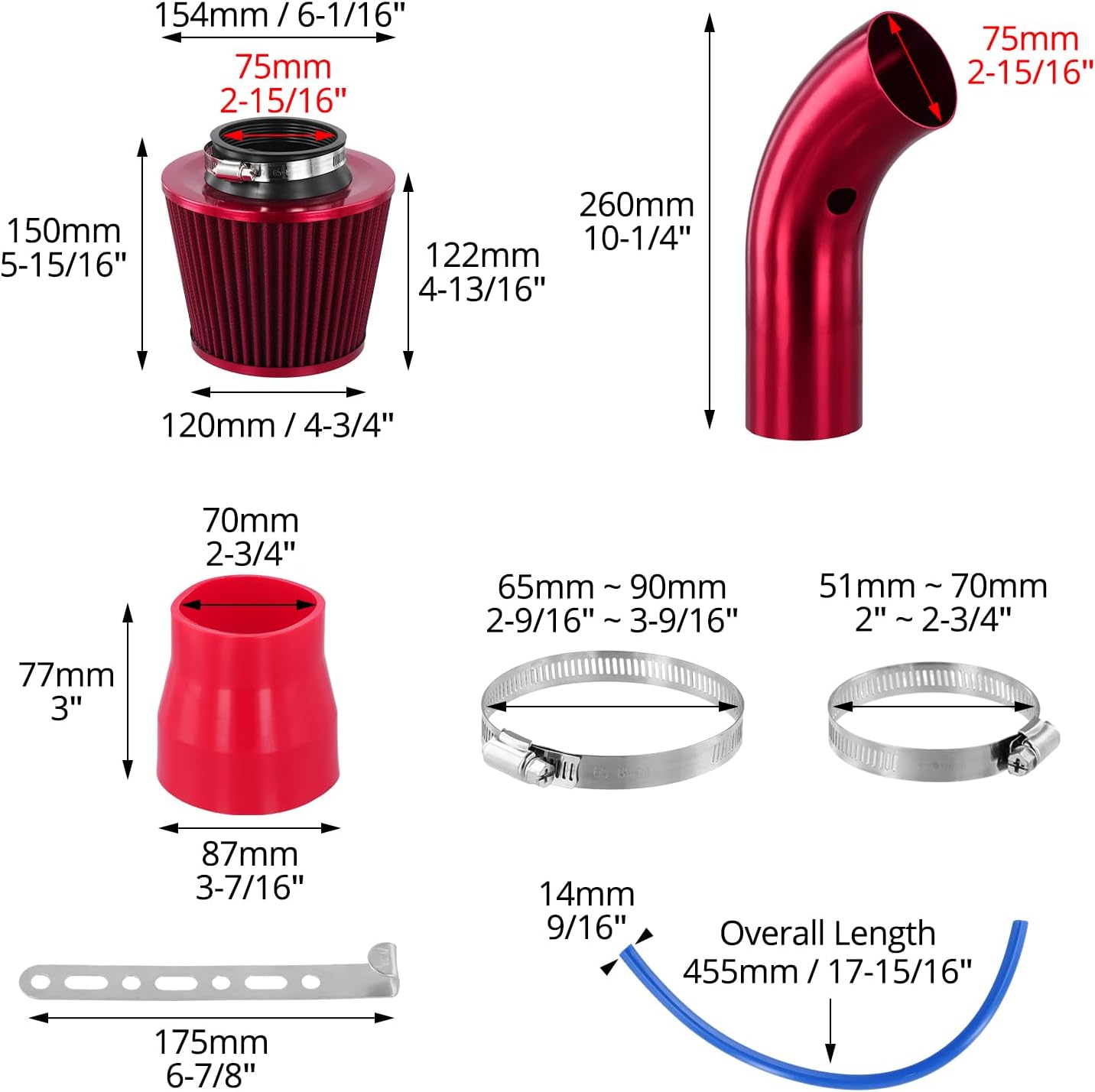 Filtro aria QWORK®, kit tubo di flusso in alluminio da 76 mm (3 pollici), rosso